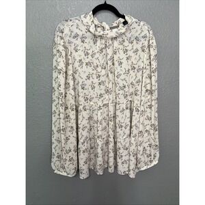 Suzanne Betro‎ Tiered Floral Blouse 1X Ivory Gauze High Neck Tie Cottage Prairie